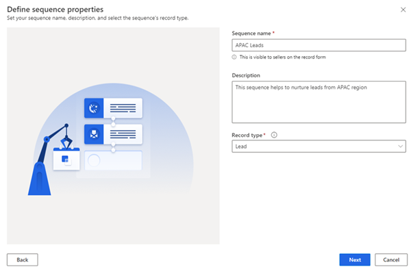 Skärmbild av dialogrutan Skapa en sekvens i Dynamics 365 Sales.