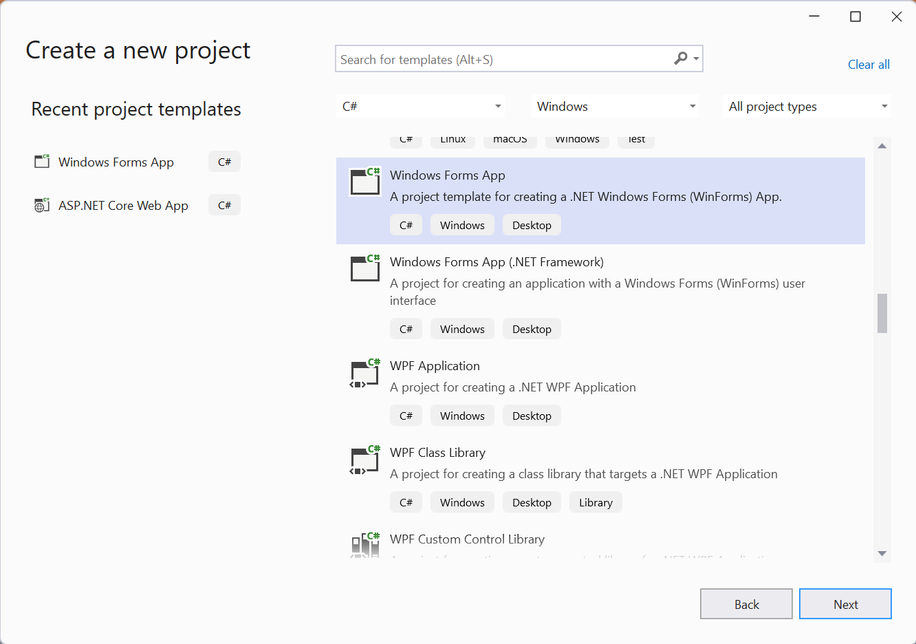 Skapa ett nytt Windows Forms-projekt