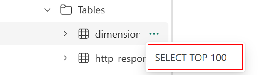 Skärmbild från SQL-databasens notebook-miljö som visar alternativet SELECT TOP 100 bredvid en tabell i Object Explorer.