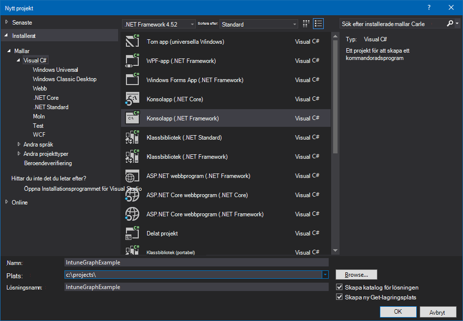 Skapa ett konsolappprojekt i C# i Visual Studio