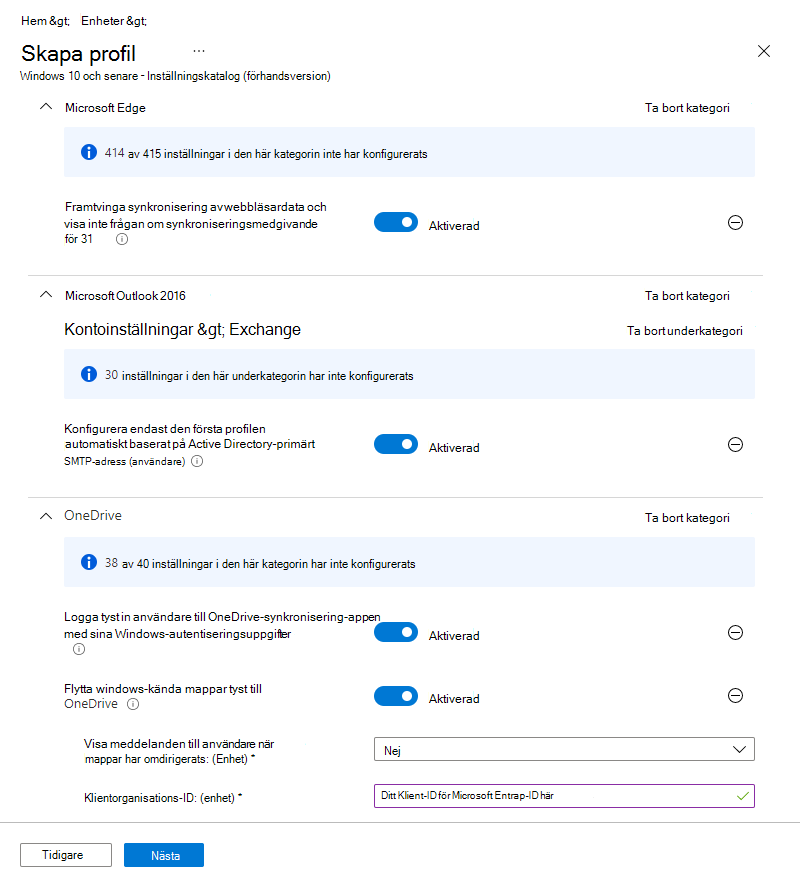 Skärmbild som visar ett exempel på en inställningskatalogprofil i Microsoft Intune.
