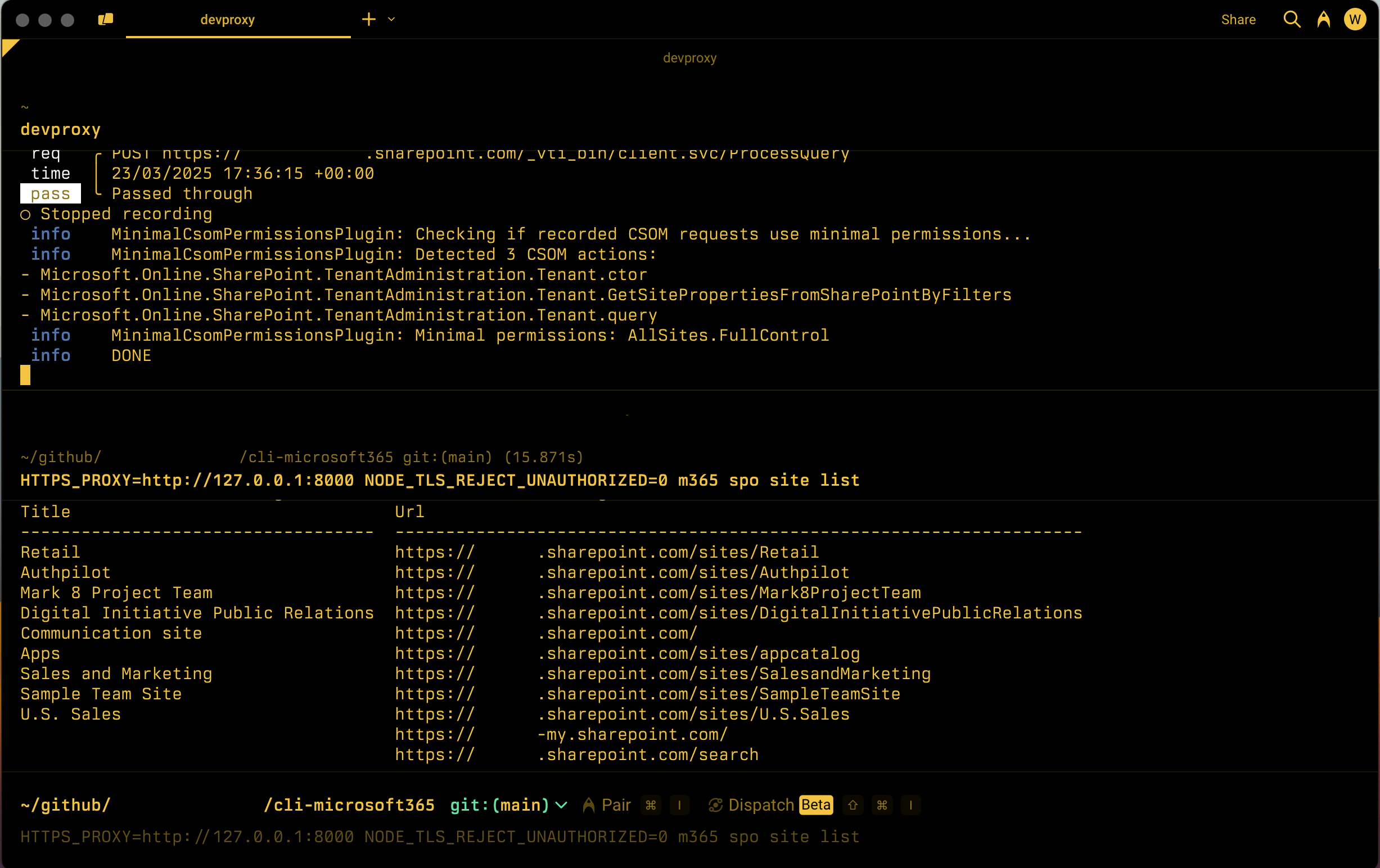 Skärmbild av en kommandorad som visar Dev Proxy med minimal behörighet som krävs för att anropa den inspelade uppsättningen SharePoint CSOM-API:er.
