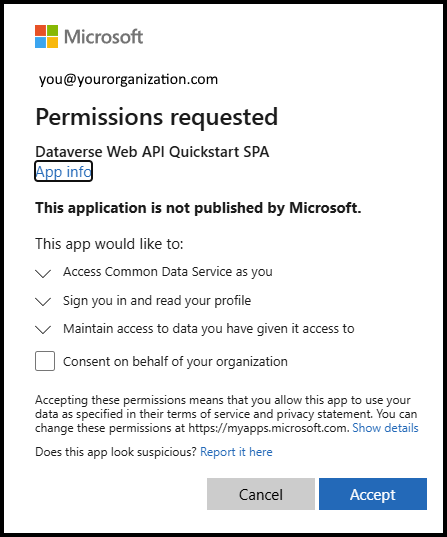 Screenshot of the Permissions requested dialog for the Dataverse Web API quickstart application.