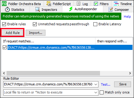Screenshot of the Fiddler Auto Responder pane with a newly added rule.