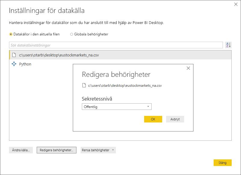 Skärmbild av dialogrutan Inställningar för datakälla som visar att sekretessnivån är inställd på Offentlig.