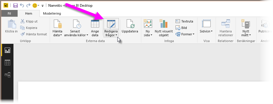 Skärmbild av Power Query-redigeraren i Power BI Desktop som visar valet Transformera data.