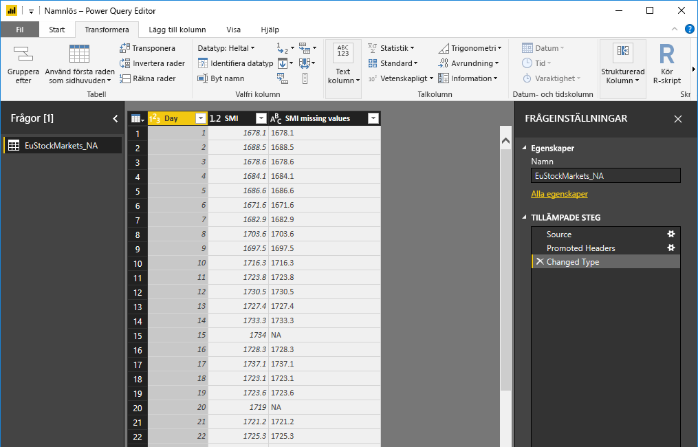 Skärmbild av fliken Transformera som visar rader med data.