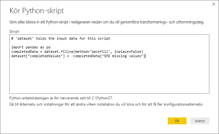 Skärmbild av dialogrutan Kör Python-skript med skriptkoden.