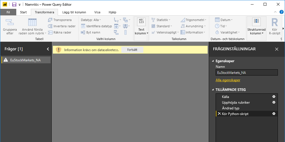 Skärmbild av fönstret Power Query Editor som visar varningen om datasekretess.