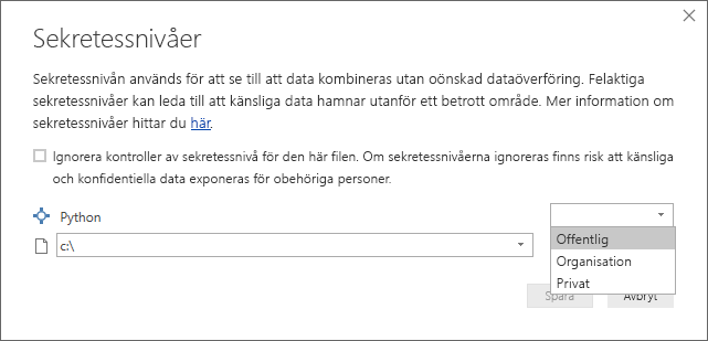 Skärmbild av dialogrutan Sekretessnivåer som visar att Offentlig har angetts.