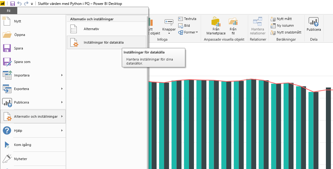 Skärmbild av menyn Arkiv i Power BI Desktop som visar valet Inställningar för datakälla.