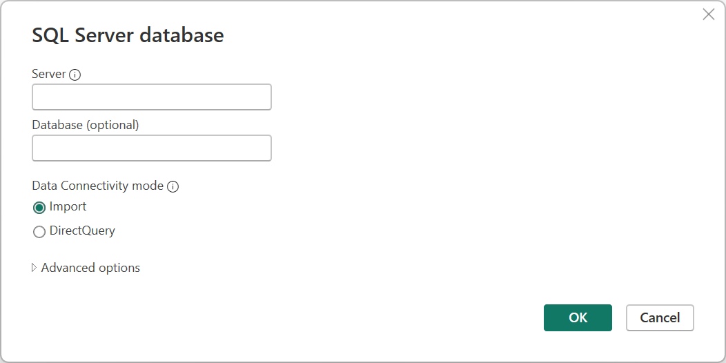 Skärmbild av SQL Server-databasanslutningsverktyget i Power Query Desktop.