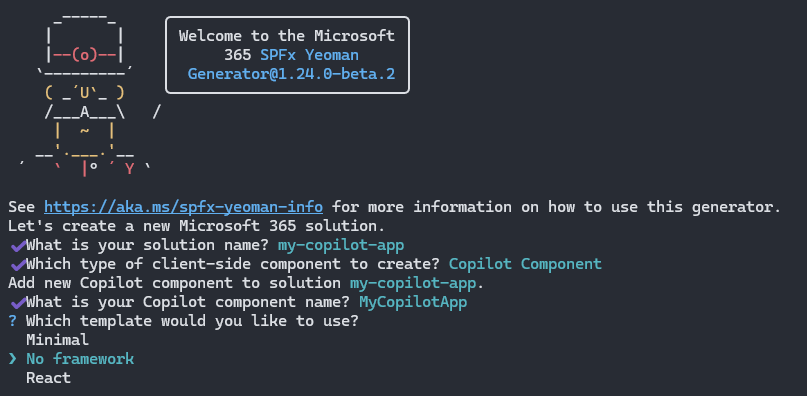 The scaffolded Copilot component project prompts