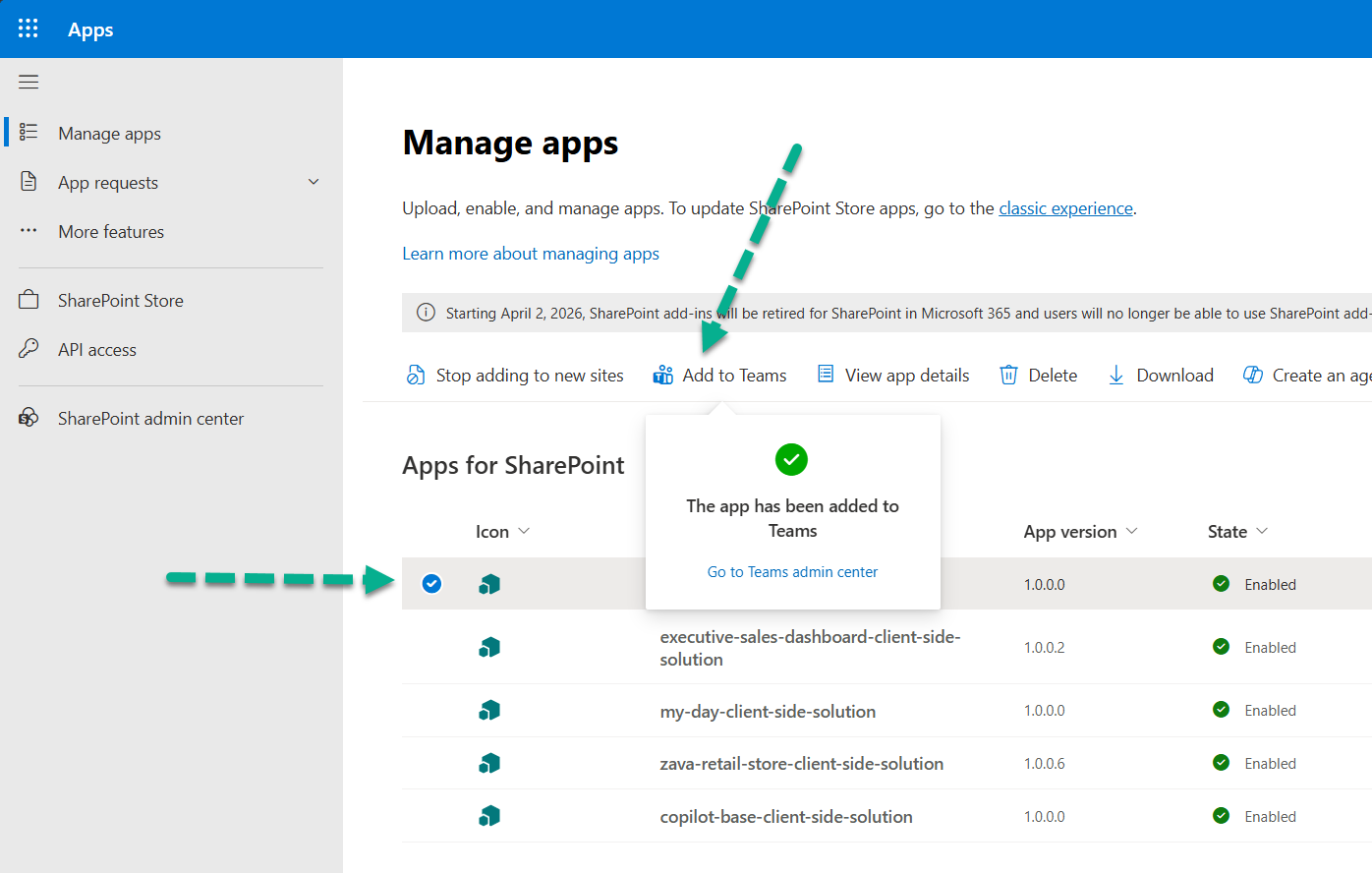 Syncing the agent to the tenant agent catalog with Add to Teams