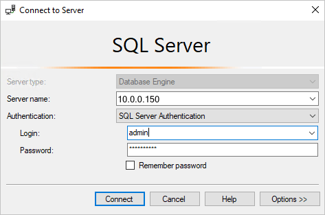 Skärmbild av SQL Server Management Studio: Anslut till SQL Database server.
