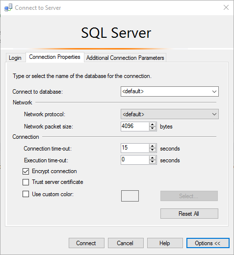 Skärmbild av anslutningsdialogrutan för SQL Server Management Studio.
