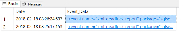 Skärmbild från SSMS av frågeresultatet system_health XEvent.