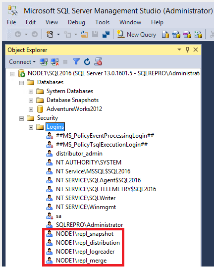 Skärmbild av alla fyra kontona i Object Explorer.