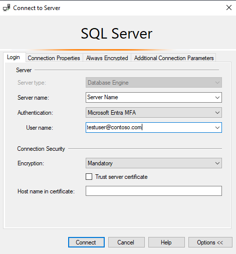 Skärmbild av SSMS som visar fönstret Anslut till server.