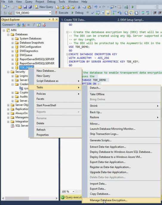 skärmbild som visar Object Explorer med Aktiviteter > Hantera databaskryptering markerat.