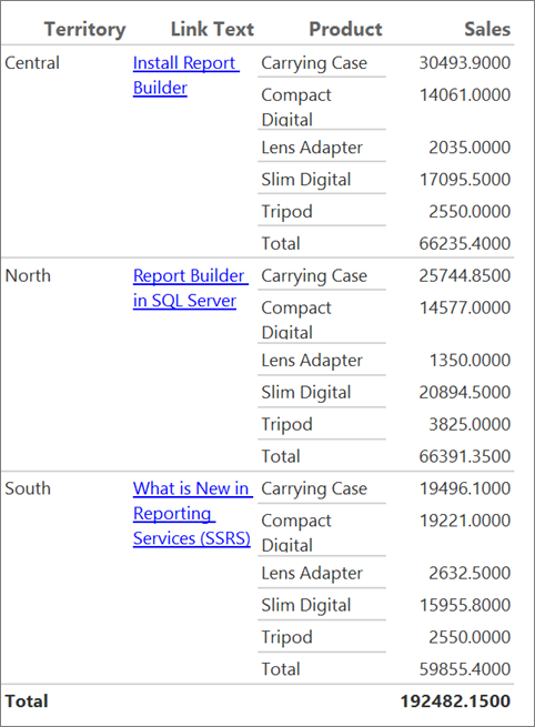 Screenshot som visar hyperlänkad text i Report Builder report.