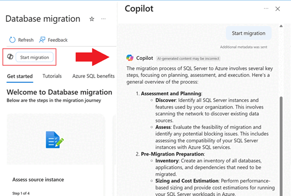 Screenshot som visar ikonen Copilot i fönstret Databasmigrering i Azure portal.