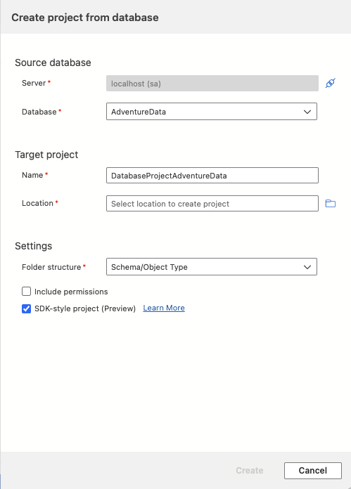 Skärmbild av dialogrutan Skapa projekt från databas i dialogrutan Visual Studio Code.