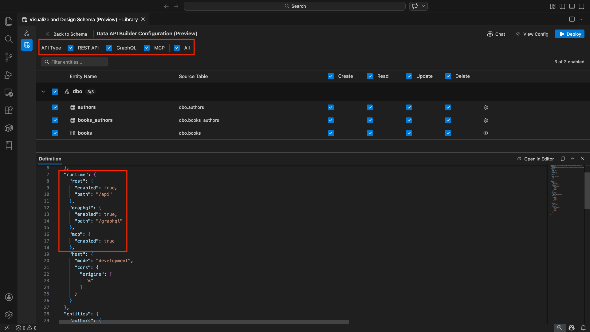 Skärmbild av kryssrutorna REST API, GraphQL, MCP och Alla överst i konfigurationsvyn för Data API Builder.