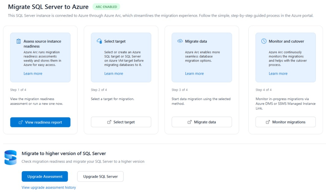 Skärmbild på fliken Migrering som visar migreringsalternativ för SQL Server instanser som aktiveras av Azure Arc.