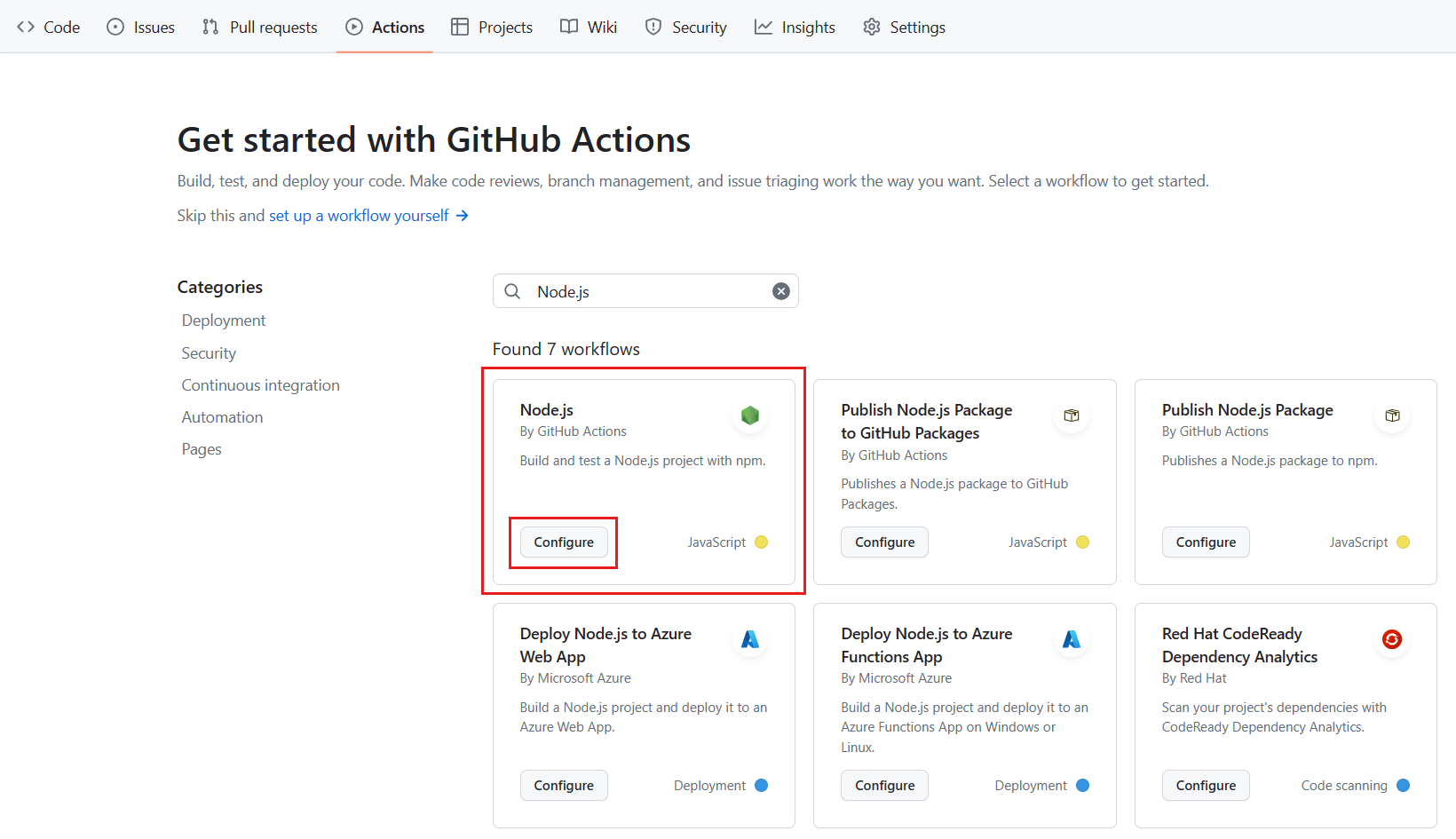 Skärmbild som visar fliken GitHub Actions med fönstret Node.js markerat och knappen Konfigurera markerad.