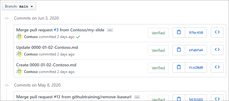 En skärmbild av en lista över GitHub-incheckningar till en huvudgren.