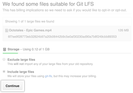 Skärmbild av filer som är lämpliga för Git Large File Storage-importören.