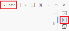 Skärmbild av terminalfönstret i Visual Studio Code, där bash-alternativet visas.