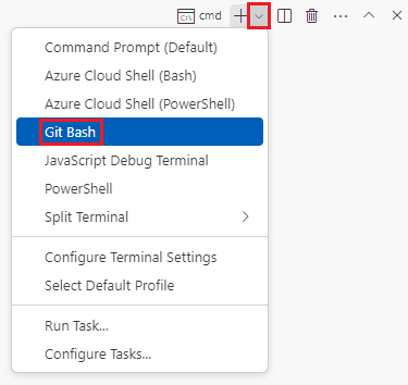 Skärmbild av terminalfönstret i Visual Studio Code, där listrutan terminalgränssnitt visas och Git Bash Default har valts.