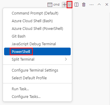 Skärmbild av Terminalfönstret i Visual Studio Code, med listrutan terminalgränssnitt som visas och PowerShell valt.