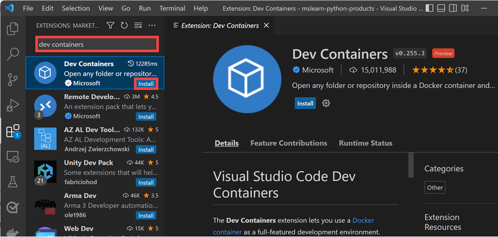 Skärmbild av Visual Studio Code-tilläggsgalleriet som visar Dev Containers-tillägget.