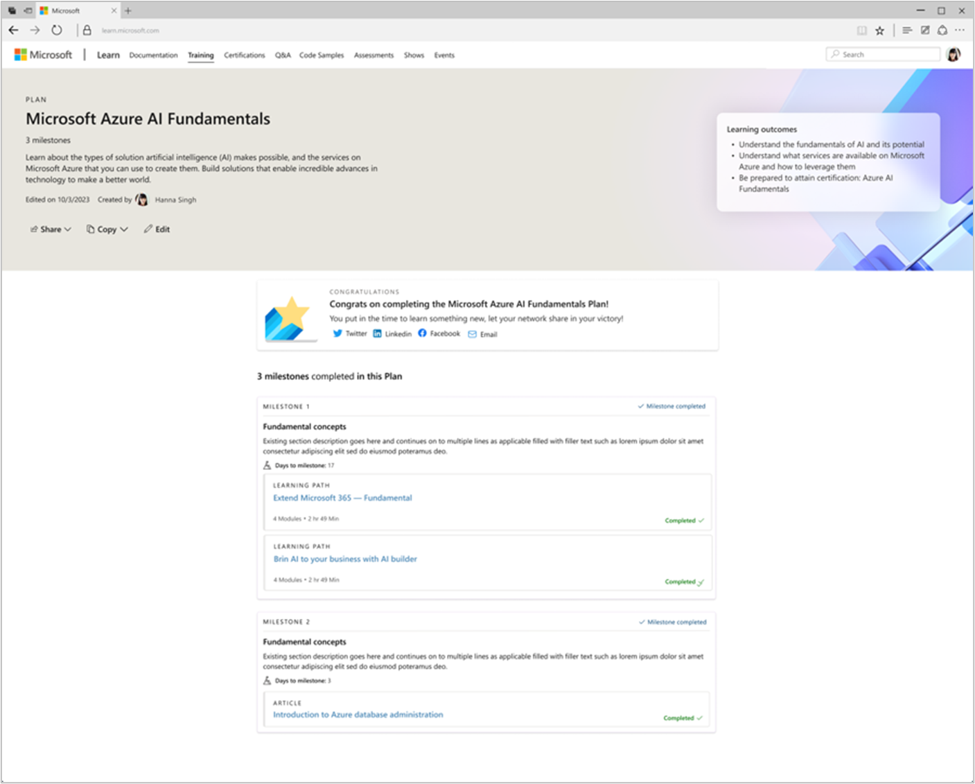 Skärmbild av Microsoft Azure AI Fundamentals Plan