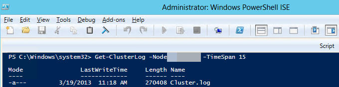 Skärmbild av Windows-klusterloggen i Windows PowerShell.