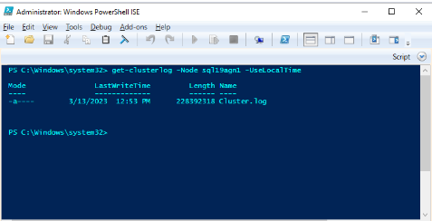 Skärmbild som visar PowerShell-fönstret med sql19agn1 som SQL Server-namn.