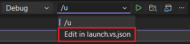 Skärmbild av listrutan kommandoradsargument för CMake-projekt. Den visar Redigera i launch.vs.json som ett alternativ.