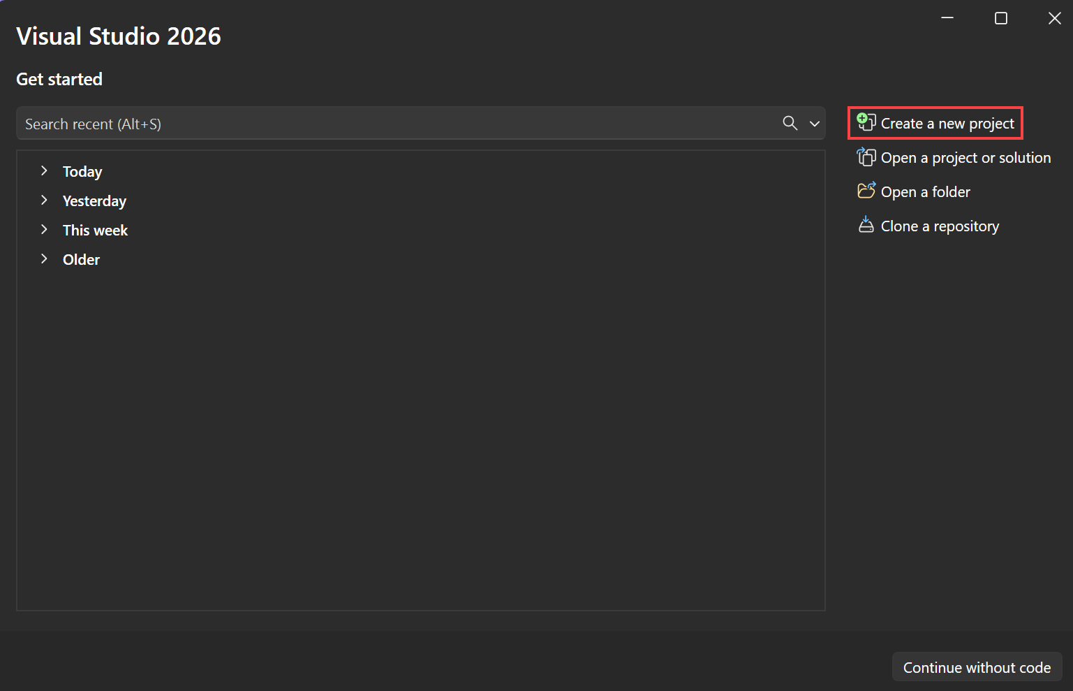 Skärmbild som visar alternativet Skapa ett nytt projekt i Visual Studio-startfönstret.