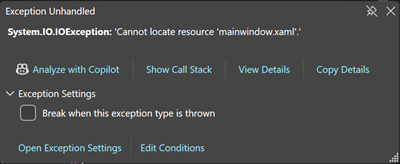 Skärmbild av utdatafönstret som visar en System.IO.IOException med meddelandet, Det går inte att hitta resursen mainwindow.xaml.