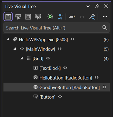 Skärmbild av fönstret med det levande visuella trädet som visar trädet med visuella element i HelloWPFApp.exe medan applikationen körs.