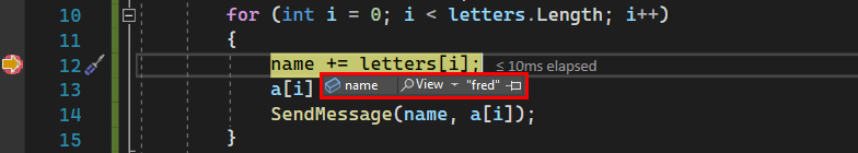 Skärmbild av ett felsökningsdatatips i Visual Studio 2022 som visar strängvärdet för variabeln 
