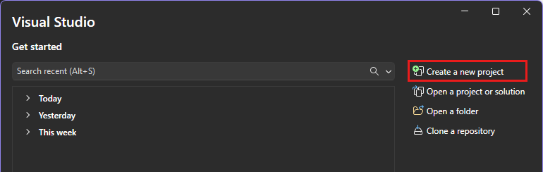 Skärmbild av alternativet Skapa ett nytt projekt i Visual Studio-startfönstret.
