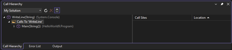 Skärmdump som visar fönstret Anropshierarki i Visual Studio.
