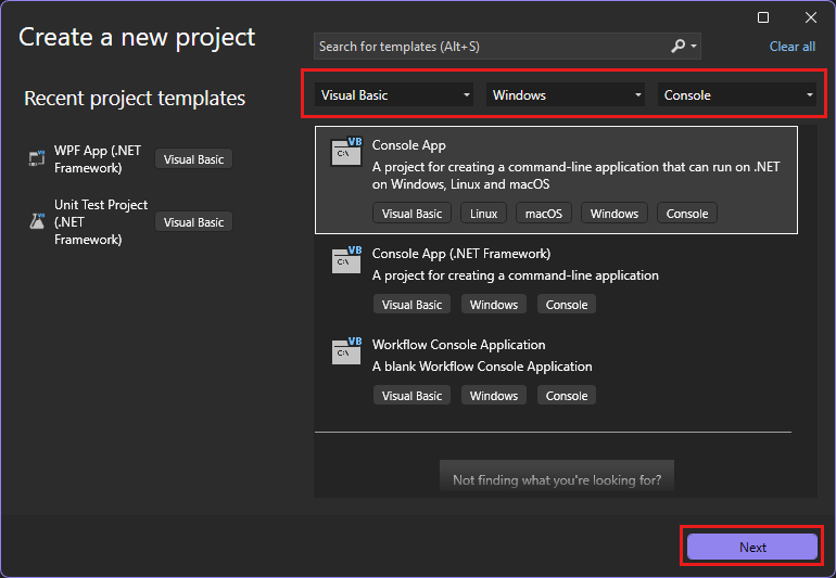 Skärmbild av fönstret Skapa ett nytt projekt med Visual Basic-konsolprogrammet valt.
