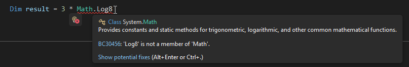 Skärmbild av en vågig understrykning i Visual Studio.