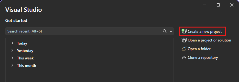 Skärmbild av startfönstret i Visual Studio med alternativet Skapa ett nytt projekt markerat.