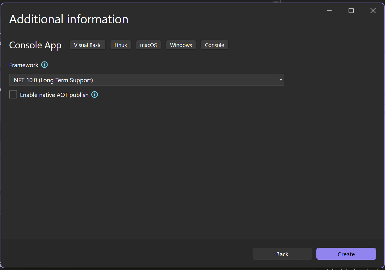Skärmbild som visar fönstret Ytterligare information i Visual Studio med .NET 10.0 valt som målramverk för det nya projektet.